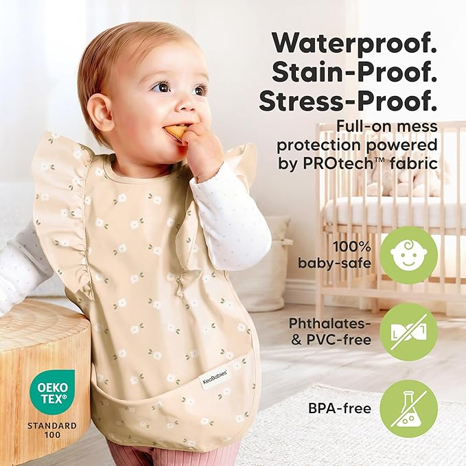 KeaBabies Waterproof Bibs for Baby Girl,Boy – 2-Pack Lightweight, Large Baby Bibs for Eating, Wearable Food Catcher, 6-12 Months Infant Feeding Essentials, Smock for Toddlers 1-3, Kids (Bloom)