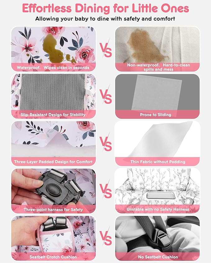 Baby High Chair Cover Restaurant with Strap Pads & 3-Point Harness, Machine Washable, Waterproof Portable Highchair Covers for Eating, Travel, Home Use - Fits Wooden Chairs, Pink Flowers