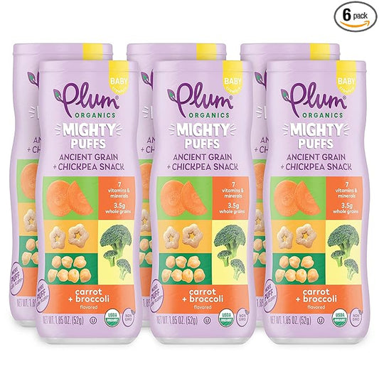 Plum Organics Mighty Puffs Ancient Grain + Chickpea Snack, Carrot + Broccoli Flavor, Baby Crawlers, Kosher, USDA Certified Organic, Non-GMO, 1.85 Ounce (Pack of 6)
