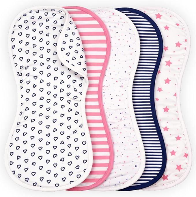 Tom Tom's Kids + Baby Organic Baby Burp Cloths 5 Pack - GOTS Certified Organic Cotton, Classic Contoured Figure-8 Design, Extra Absorbent, 22x11 in, Traditional Girls, Pink and Navy