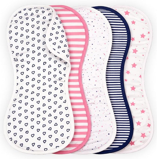 Tom Tom's Kids + Baby Organic Baby Burp Cloths 5 Pack - GOTS Certified Organic Cotton, Classic Contoured Figure-8 Design, Extra Absorbent, 22x11 in, Traditional Girls, Pink and Navy