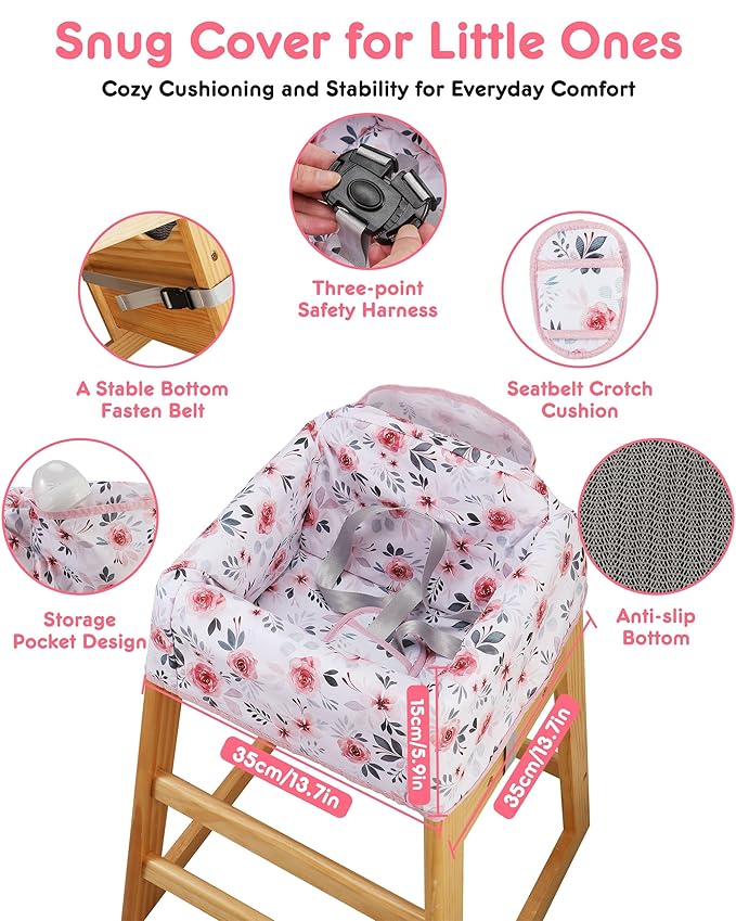 Baby High Chair Cover Restaurant with Strap Pads & 3-Point Harness, Machine Washable, Waterproof Portable Highchair Covers for Eating, Travel, Home Use - Fits Wooden Chairs, Pink Flowers