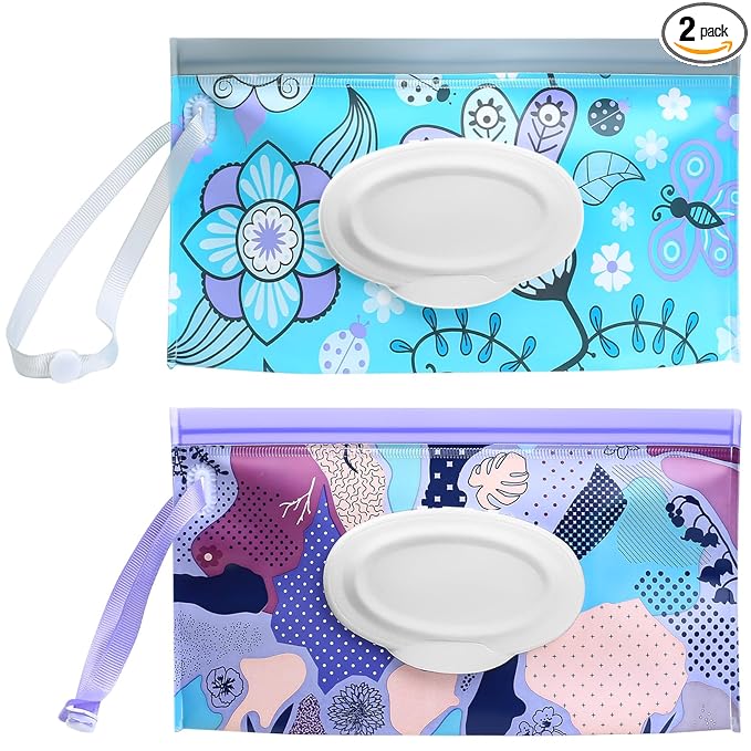 Baby Wipes Dispenser, 2 Pcs Travel Baby Wipe Holder, Refillable Baby Wet Wipe Pouch, Reusable Baby Wipes Container, Portable Wipe Dispenser, Wipe Bags for Travel, blue purple Floral