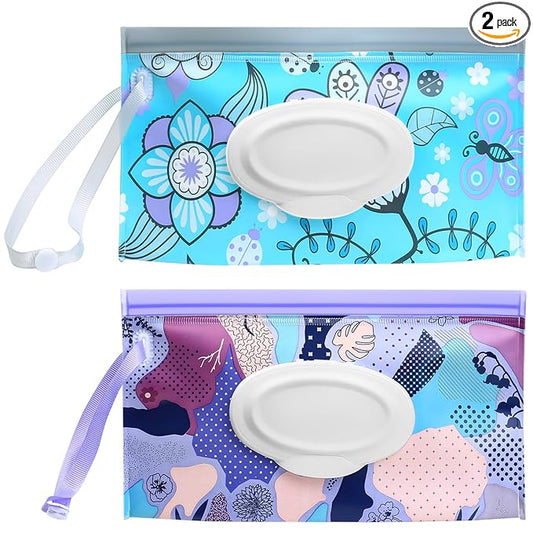 Baby Wipes Dispenser, 2 Pcs Travel Baby Wipe Holder, Refillable Baby Wet Wipe Pouch, Reusable Baby Wipes Container, Portable Wipe Dispenser, Wipe Bags for Travel, blue purple Floral