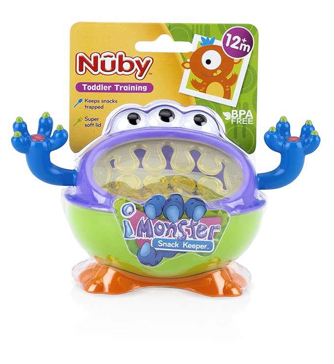 Nuby 3-D Monster Toddler Snack Containers - Spill-Proof Snack Cups for Toddlers with Soft Silicone Flaps - BPA-Free, Dishwasher-Safe