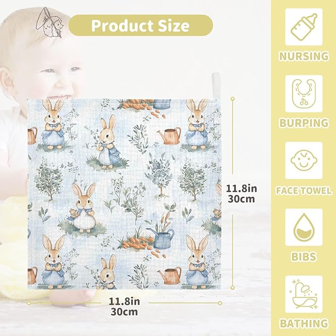 vvfelixl Peter Bunny Friend Baby Burp Cloths Baby Muslin Washcloths for Boys Girls Cotton Babys Face Towel for Newborn Soft 11.8 X 11.8 in, 5 Pack
