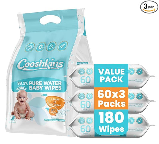De-Chlorinated Pure Water Baby Wipes | Gentle Unscented Wipes for Sensitive Skin | 99.9% Pure Water Based | Alcohol-Free, Paraben-Free | Soft & Thick (60 Count (Pack of 3))