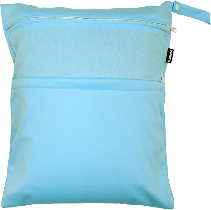 Damero 2 Pack Travel Wet Dry Bag Organizer with 2 Pockets and Handle for Cloth Diaper, Baby Clothes, Pumping Parts, Swimsuit and More, Cute and Spacious, Easy to Grab and GO(Medium, Green+Light Blue)