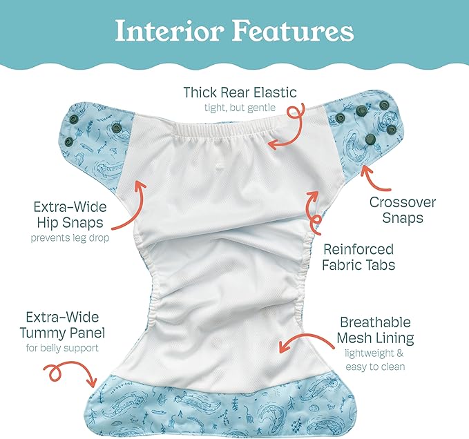 Kinder Cloth Diapers Reusable Baby Diapers Pocket Style Athletic Wicking Jersey, Wet Bag, Newborn to Potty Training 7-60lbs, One Size, Inserts NOT Included (Otterly Sweet, 3 Pack, Without Inserts)