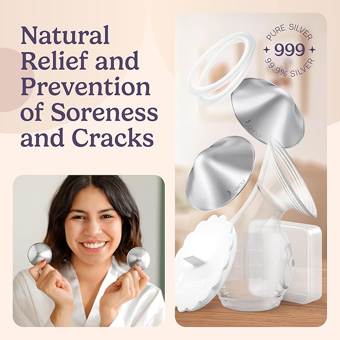 Silver Nursing Cups: Pure 999 Silver Nipple Shield to Relieve Soreness; Silver Nipple Covers Breastfeeding Set w/Breast Shells, Silicone Rings, and Hands-Free Breast Pump