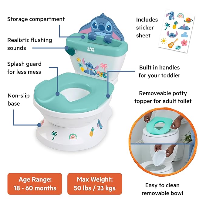 Bright Starts Disney Junior Stitch My Size Potty Training Toilet, Toddler Potty Chair with Flushing & Cheering Sounds, Removable Seat with Splash Guard & Handles, Ages 18+ Months, Up to 50 lbs