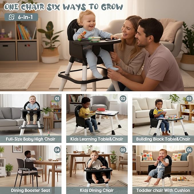 UNISWAN 6 in 1 Baby High Chair, Convertible Highchair for Babies and Toddlers (Black)