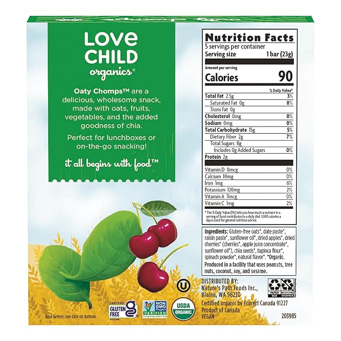 Love Child Organics Oaty Chomps Cherry + Spinach Snack Bars, 4 oz (Pack of 1), Gluten Free, Non-GMO, by Nature's Path