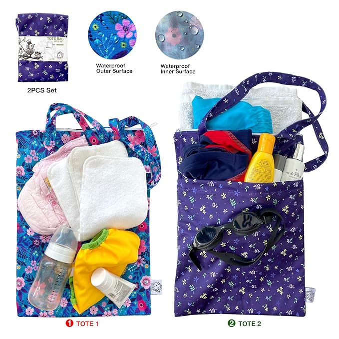 FLOCK THREE 2pcs Wet Dry Bag Waterproof Tote Reusable Wet Clothes Baby Diapers Stroller Swimsuit Travel Small Larger Electronics Toiletries Pouch Flower