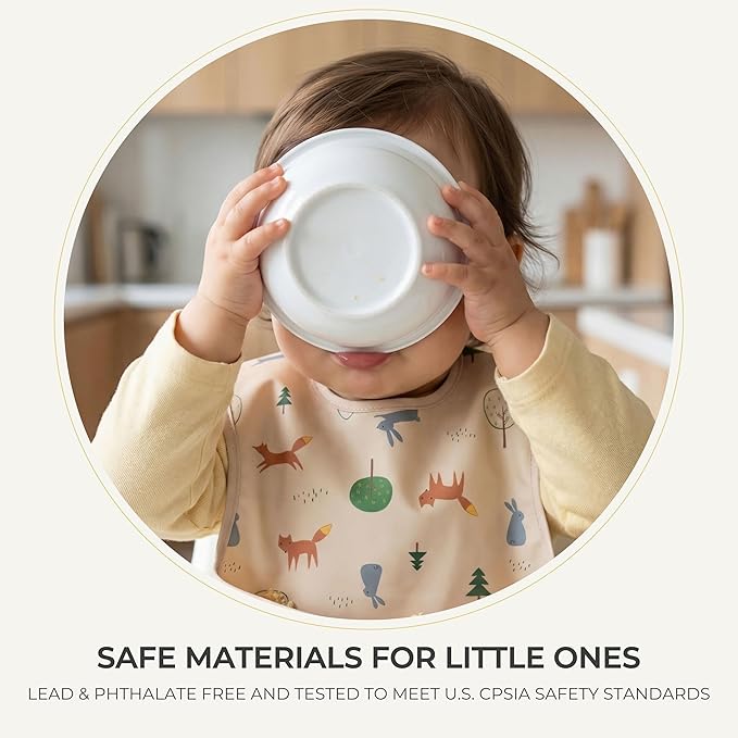Waterproof Baby Bibs for Eating 3-Pack | Toddler Bibs with Food Catcher | Machine Washable Bibs, Lightweight | Toddlers 6-36 Month, CPSIA Tested, Dinosaur Animal Design (Cream White Beige)