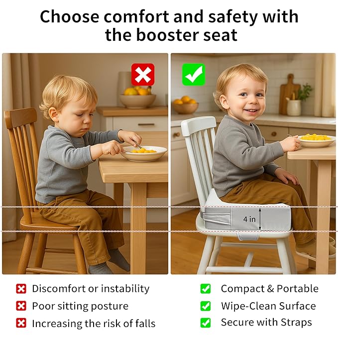 Toddler Booster Seat for Dining Table – PU Washable Cushion with Double Safe Straps, Non-Slip Bottom, Portable Travel Booster Seat for Toddlers (Grey)