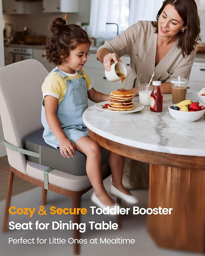Booster Seat for Kitchen Chair – Toddler Booster Seats for Dining Table with 2 Secure Buckle Straps, PU Leather Booster Cushion Foam Chair for Baby Kids, Portable & Easy to Clean (Dark Grey)