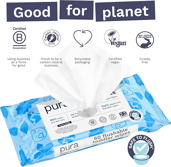 Pura Flushable Toddler Wipes 10 x 60 Wipes (600 Wipes), 100% Plastic Free, 99% Water, Hypoallergenic & Fragrance Free, Totally Chlorine Free, Kids Toilet Wipes, Sensitive Skin