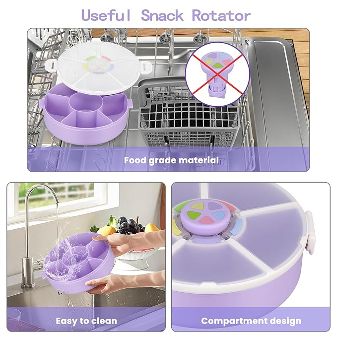 Pawtong Snack Rotator Container Reusable Snack Box with 5 Compartment Dispenser and Lid, Color Matching Opening Lid, BPA and PVC Free, for Home, School, Travel (1 Pack- Purple)