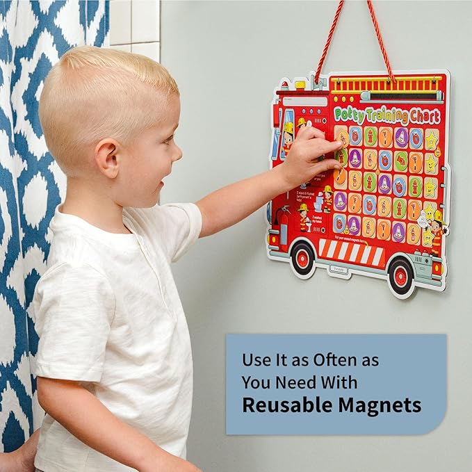 Potty Training Chart with 35 Stickers, 3 Reminder Stickers and Crown for Toddlers Boys and Girls - Potty Training Rewards for Kids - Fireman