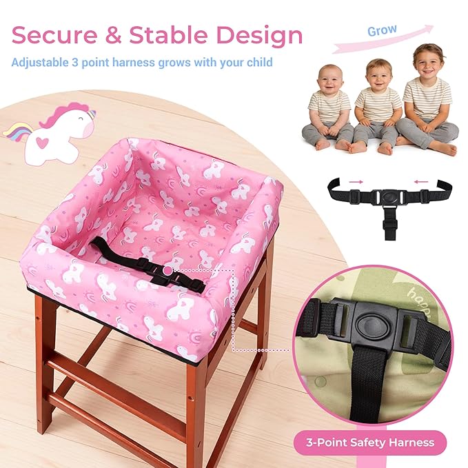 COOLBEBE Baby High Chair Cover with 3-Point Harness, Waterproof & Machine Washable Portable Seat Cover, Fits Wooden Chairs for Restaurant, Travel, Home & Dining Out, Pink Unicorn
