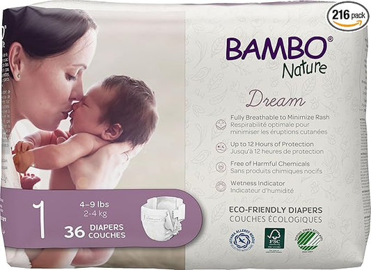 Bambo Nature Premium Baby Diapers - French/English Packaging, Size 1, 216 Count