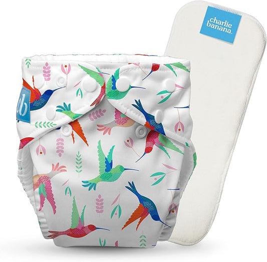 Charlie Banana Cloth Diapers, Reusable, Washable, Adjustable One Size Diaper, for Babies and Toddlers, with Absorbent Insert - Colibri Birdy, 1 Pack