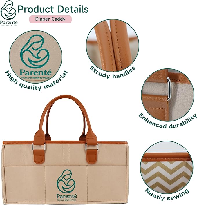 Diaper Caddy Organizer for Baby Essentials, Portable Nursery Storage Bin with Handles, Large Capacity for Diapers, Wipes, Toys, Changing Table or Car, Felt Diaper Organizer