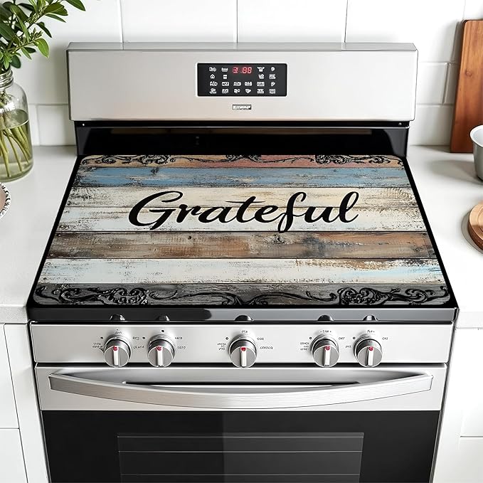 Multi-Design Stove Top Cover for Glass/Electric Stoves - 3-in-1 Heat-Resistant Protector Mat, Non-Slip Drying Rack 30" x 21" (Grateful)