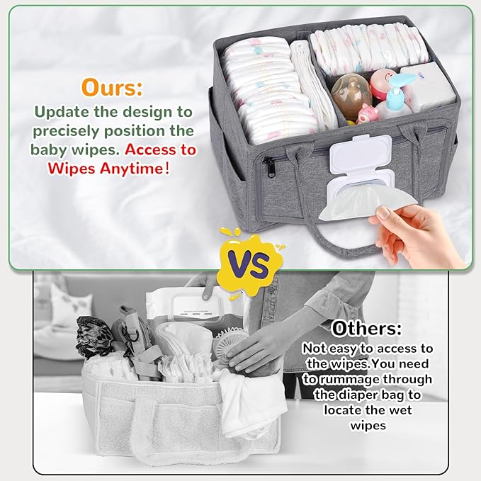 Volnamal Diaper Caddy with Wipe Dispenser One-Handed Access, Premium Diaper Organizer, Portable Car Organizer Nursery Basket for Newborn Essentials, Baby Registry Must Haves for Boys & Girls,Grey