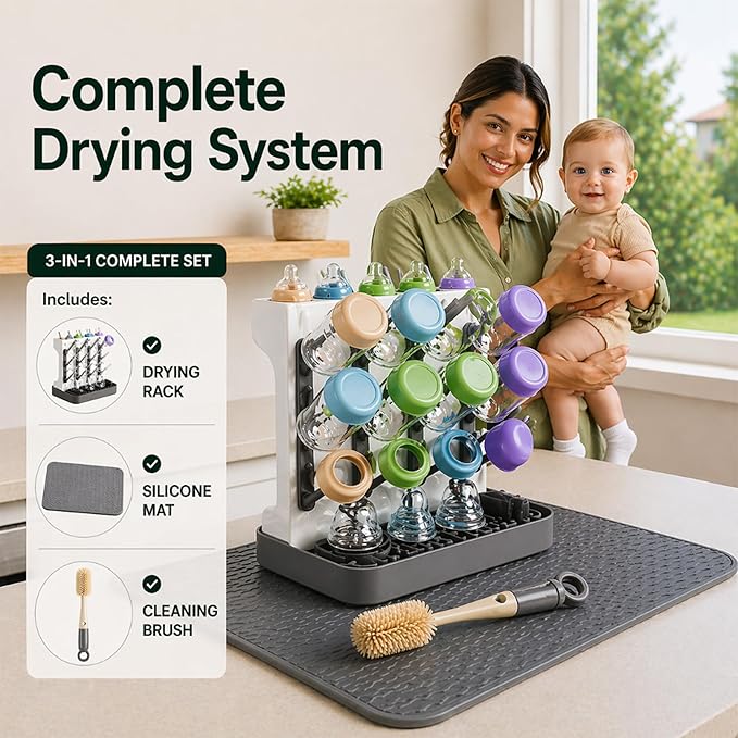 Baby Bottle Organizer and Drying Rack with Silicone Mat & Cleaning Brush - Space Saving Vertical Dryer for Breast Pump Parts, Bottles & Accessories - 12 Hooks, Removable Pacifier Box & Straw Holder