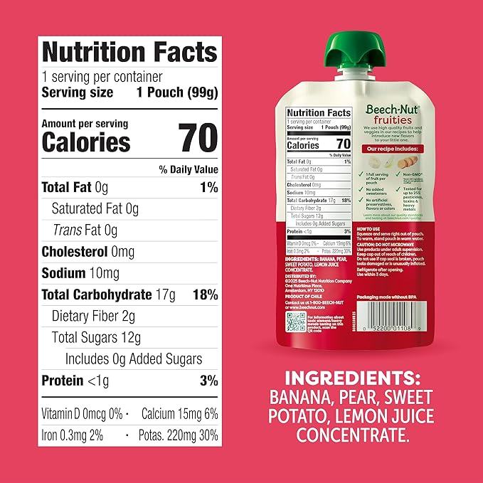 Beech-Nut Baby Food Pouches, Banana Pear Sweet Potato Fruit Puree Baby & Toddler Food, 3.5 oz (12 Pack)