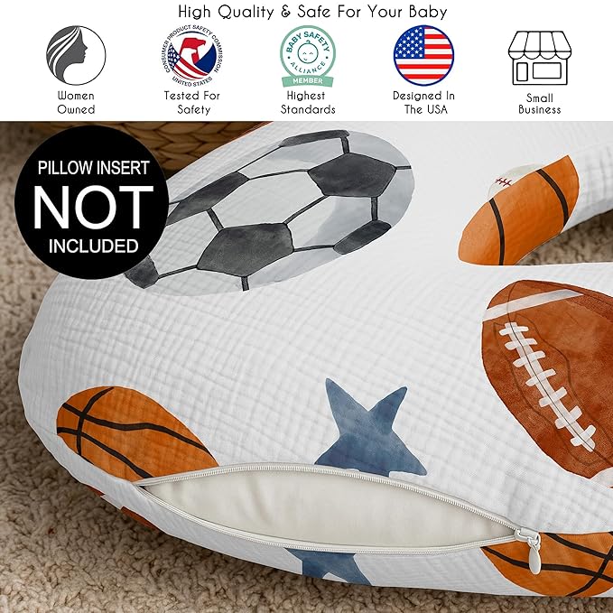 Sweet Jojo Designs Muslin Nursing Pillow Cover (Sports Theme) for Baby Boys, Newborn, Infant 100% Cotton Breastfeeding Pillowcase - PILLOW NOT INCLUDED (Watercolor, Vintage Sport Themed, Balls, Stars)