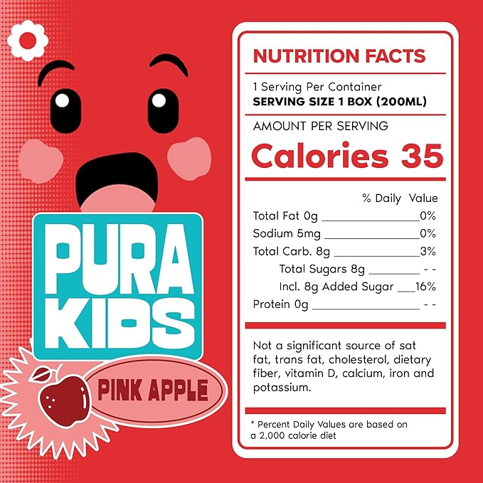 PURA Kids Box | Pink Apple Fruit extract infused Drink for kids | 8g Pure Cane Sugar | Non-GMO | Vegan, No Artificial Sweeteners | Best Lunchbox Beverage with Paper Straw | 6.76 fl oz (200ml), Pack of 24