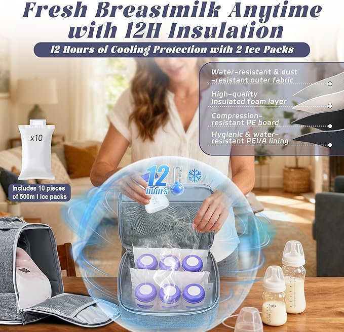 Breast Pump Bag with Insulated Cooler, Double-Layer Pumping Bag for Work & Travel, Fits Most Electric Breast Pumps, Includes 10 Ice Packs & Waterproof Mat, Detachable Bottle Cooler Tote, Grey