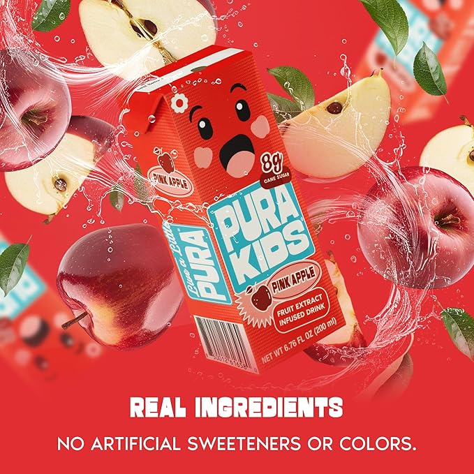 PURA Kids Box | Pink Apple Fruit extract infused Drink for kids | 8g Pure Cane Sugar | Non-GMO | Vegan, No Artificial Sweeteners | Best Lunchbox Beverage with Paper Straw | 6.76 fl oz (200ml), Pack of 24
