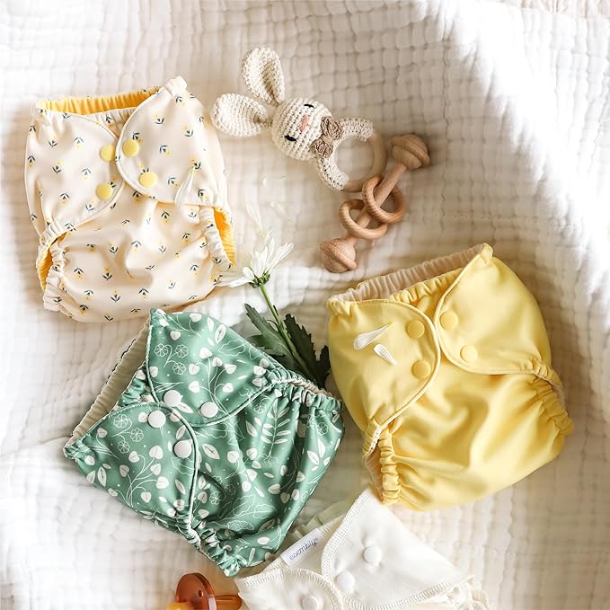 Esembly Cloth Diaper Cover - Reusable Swim Diaper, Waterproof, Breathable - Adjustable Outer Layer Over Absorbent Inner for Blowout Protection - Buds, Size 2 (18-35lbs)