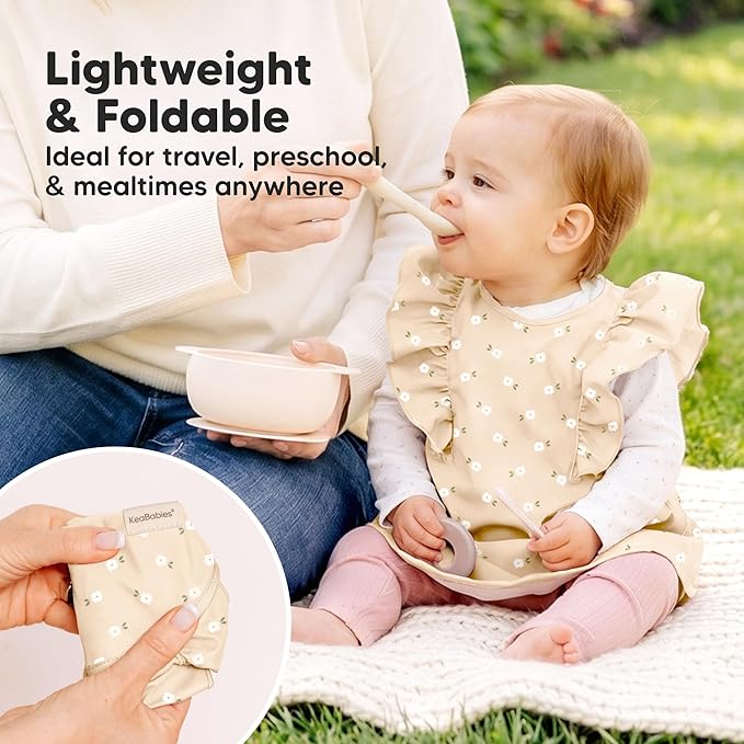KeaBabies Waterproof Bibs for Baby Girl,Boy – 2-Pack Lightweight, Large Baby Bibs for Eating, Wearable Food Catcher, 6-12 Months Infant Feeding Essentials, Smock for Toddlers 1-3, Kids (Bloom)