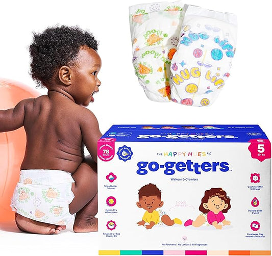 Happy Hues Go-Getters Disposable Diapers Size 5, 27+ lbs–Baby Diapers with Shea Butter, Wetness Indicator,Leak Protection–Ultra-Soft Unisex Diapers with Full Coverage for Boys &Girls –78Count