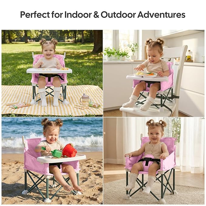 Portable Baby Booster Seat with Removable Tray & Canopy - 3 Point Safety Harness, Compact Fold for Travel, Indoor Outdoor Use for Infants & Toddlers, Pink