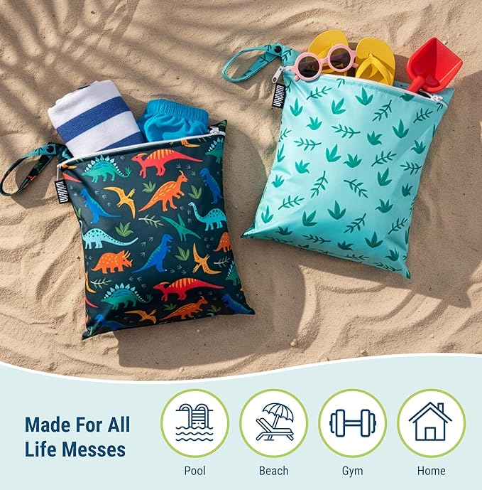 Wildkin Wet Bag Set for Boys, & Girls – Durable Zipper with Snap Loop Handle, Reusable Water-Resistant Bags for Beach, Pool, Travel & Gym - Jurassic Dinosaurs