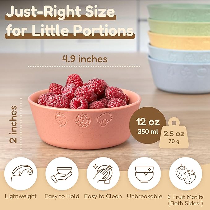 FOODLE 6pcs Wheat Straw Kids Bowls - 12oz Microwave & Dishwasher Safe Toddler Bowls - BPA Free & Non Toxic Dishes for Baby - Unbreakable and Durable Childrens Snack and Cereal Bowl