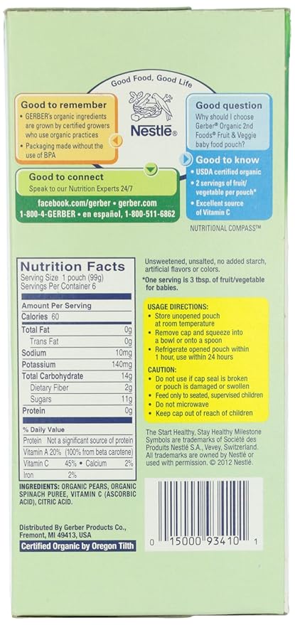 Gerber 2nd Foods Organic, Pear Spinach (6 Count, 3.5 Oz Each)