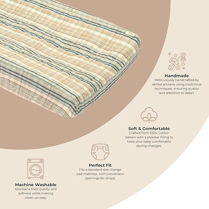 Crane Baby Change Pad Cover, Charlie Farmhouse Quilted Striped Changing Pad Cover, Neutral Changing Mat Cover, Farmhouse Plaid Nursery Decor, Neutral Baby Registry Gifts