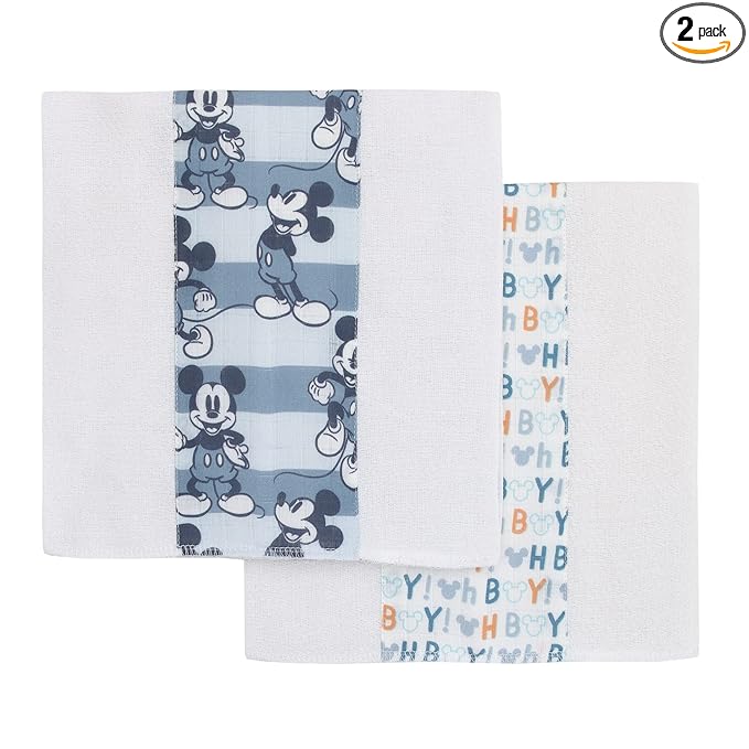 Disney Mickey Mouse Blue, White, and Orange 2Pk 100% Cotton Muslin Burp Cloths