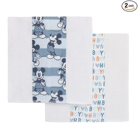 Disney Mickey Mouse Blue, White, and Orange 2Pk 100% Cotton Muslin Burp Cloths