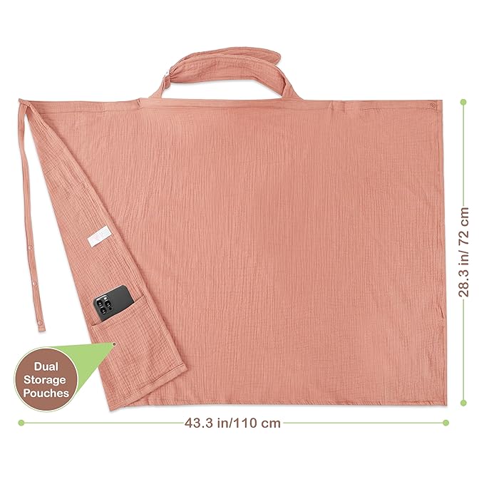 100% Organic Cotton Nursing Cover & Shawl - 43 x 28 Inch Breathable Muslin Breastfeeding Nursing Apron Cover with Arch Neckline for Mothers, Multi-use Carseat Canopy (Rust)