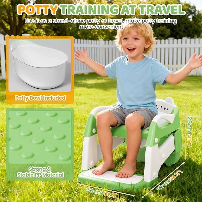 Orzbow Potty Training Seat, Toddler Toilet Seat with Step Stool Ladder, 2-in-1 Toddler Potty Training Toilet Chair for Kids Boys Girls - 5-Level Adjustable Height | Splash Guard | Anti Slip Pad, Green
