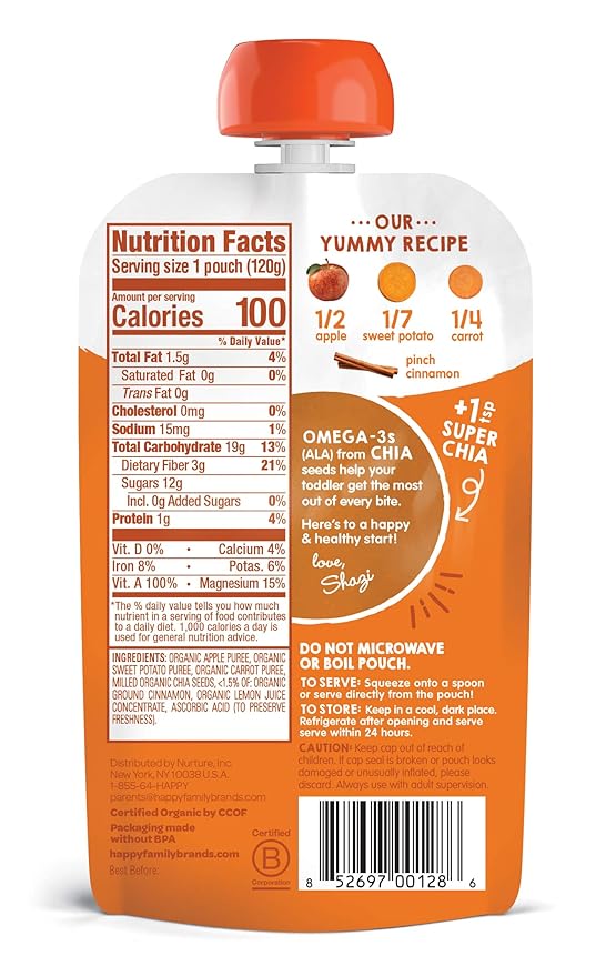 Happy Tot Organic Stage 4 Super Foods, Apples, Sweet Potatoes, Carrots & Cinnamon + Super Chia, 4.22 Ounce (Pack of 8) (Packaging May Vary)
