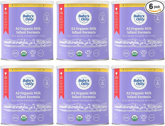Baby's Only A2 Organic Milk Infant Formula, A2 Milk Based Powder, Organic Baby Formula with A2 Beta-Casein Protein, Iron, Vitamin E, Vitamin D, Easy to Digest, Newborn to 12 Months Old, 21 oz, 6 Pack